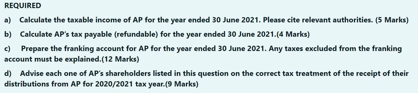 REQUIRED a) Calculate the taxable income of AP for the year ended 30 June 2021. Please cite relevant authorities. (5 Marks) b