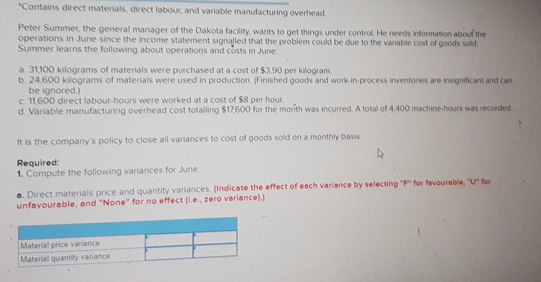 Contains direct materials direct labour, and variable manufacturing overhead Peter Summer, the general manager of the Dakota