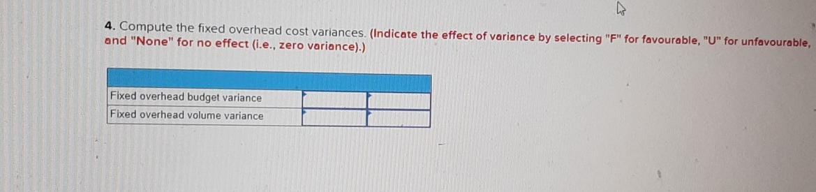 4. Compute the fixed overhead cost variances. (Indicate the effect of variance by selecting F for favourable, U for unfav