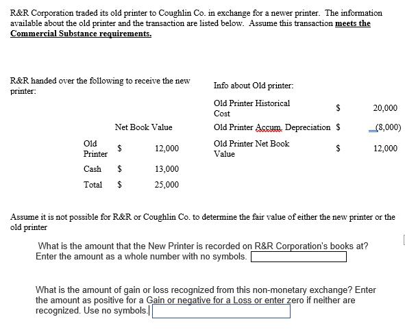 R&R Corporation traded its old printer to Coughlin Co. in exchange for a newer printer. The information available about the o