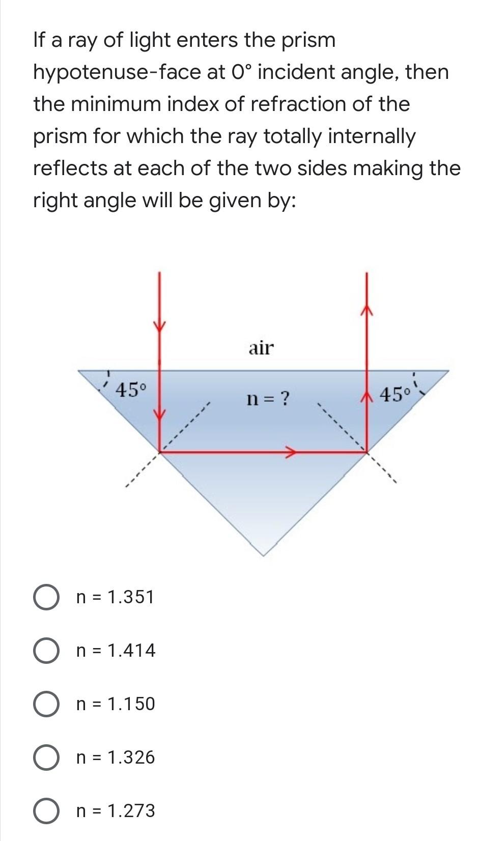 If a ray of light enters the prism hypotenuse-face at O? incident angle, then the minimum index of refraction of the prism fo