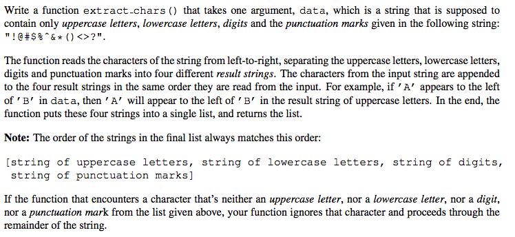 Write a function extract-chars ) that takes one argument, data, which is a string that is supposed to contain only uppercase