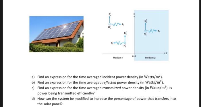 2H0 Medium Medium 2 a) Find an expression for the time averaged incident power density (in Watts/m2) b) Find an expression fo