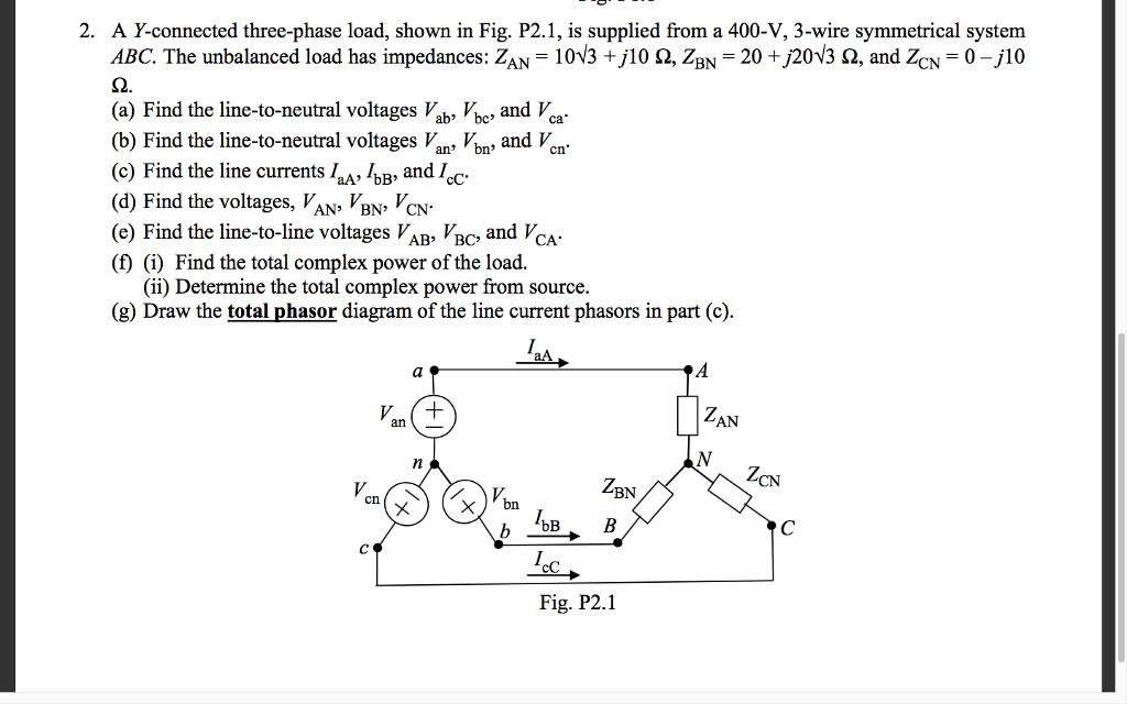 2. A Y-connected three-phase load, shown in Fig. P2.1, is supplied from a 400-V, 3-wire symmetrical system ABC. The unbalanced load has impedances: ZAN-10V3 +j10 Ω, ZBN-20 +J20V3 Ω, and ZCN-0-j10 (a) Find the line-to-neutral voltages Vab, c, and Vca (b) Find the line-to-neutral voltages Van, Von? and Vcn (c) Find the line currents /aA* /bB, and Icc. (d) Find the voltages, VAN VBN CN (e) Find the line-to-line voltages V*R, VRC, and V (f) (i) Find the total complex power of the load. (ii) Determine the total complex power from source (g) Draw the total phasor diagram of the line current phasors in part (c) an BN cC Fig. P2.1