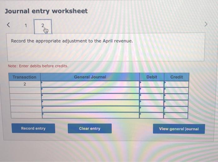 Journal entry worksheet < 1 2 > Record the appropriate adjustment to the April revenue. Note: Enter debits before credits. Ge