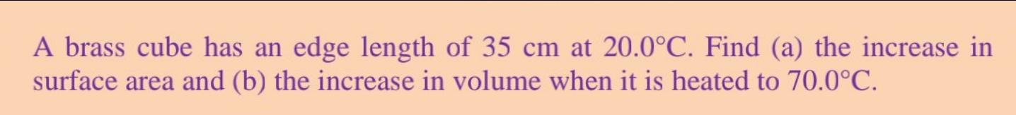 A brass cube has an edge length of 35 cm at 20.0C.