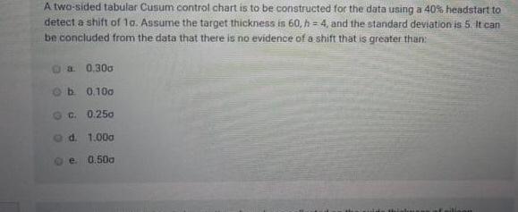 A two-sided tabular Cusum control chart is to be constructed for the data using a 40% headstart to detect a shift of 1o. Assu