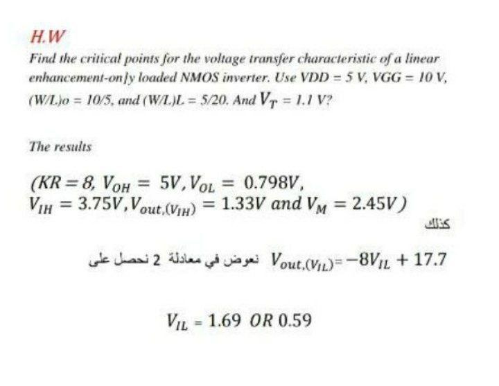 HW Find the critical points for the voltage transfer characteristic of a linear enhancement-only loaded NMOS inverter. Use VD