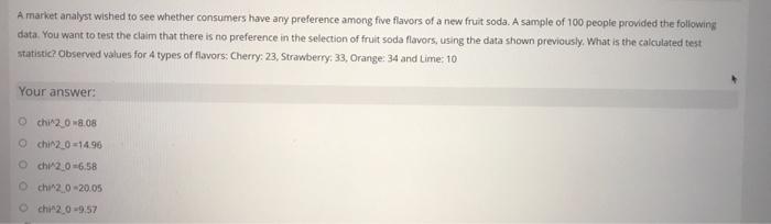 A market analyst wished to see whether consumers have any preference among five flavors of a new fruit soda. A sample of 100 