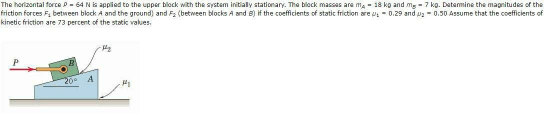 The horizontal force P = 64 N is applied to the upper