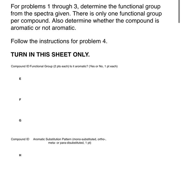 For problems 1 through 3, determine the functional group from the spectra given. There is only one functional group per compo