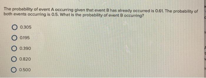 The probability of event A occurring given that event B has already occurred is 0.61. The probability of both events occurrin