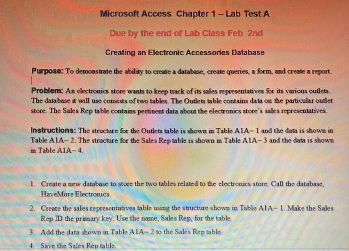 Microsoft Access Chapter 1 - Lab Test A Due by the end of Lab Class Feb 2nd Creating an Electronic Accessories Database Purpo