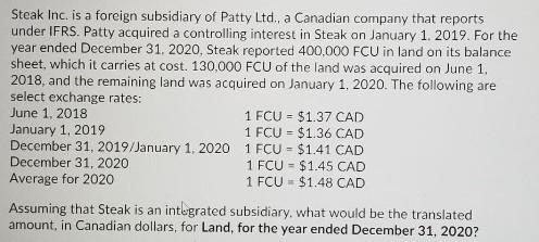 Steak Inc. is a foreign subsidiary of Patty Ltd. a Canadian company that reports under IFRS. Patty acquired a controlling int