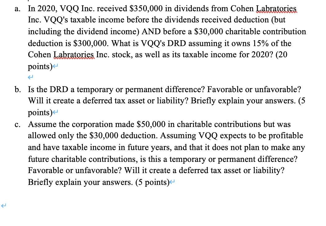 a. In 2020, VQQ Inc. received $350,000 in dividends from Cohen Labratories Inc. VQQs taxable income before the dividends rec
