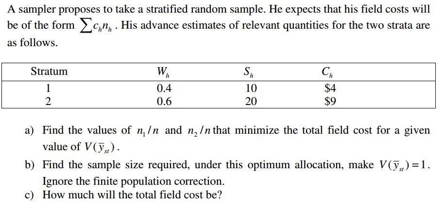A sampler proposes to take a stratified random sam