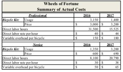 Wheels of Fortune Summary of Actual Costs Professional 2016 Bicycle kit Usage 3,150 Price $3,000 $ Direct labor hours 31,500