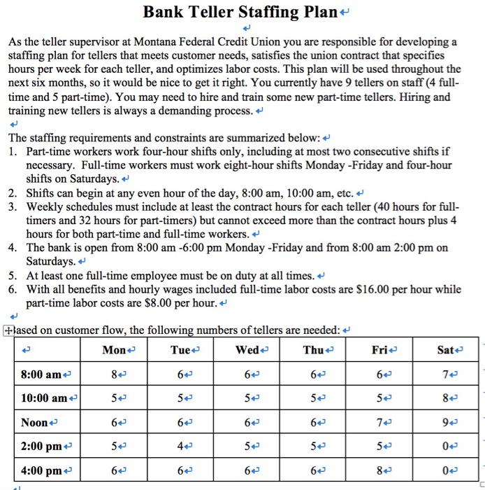 Bank Teller Staffing Plan As the teller supervisor at Montana Federal Credit Union you are responsible for developing a staffing plan for tellers that meets customer needs, satisfies the union contract that specifies hours per week for each teller, and optimizes labor costs. This plan will be used throughout the next six months, so it would be nice to get it right. You currently have 9 tellers on staff (4 full- time and 5 part-time). You may need to hire and train some new part-time tellers. Hiring and training new tellers is always a demanding process. The staffing requirements and constraints are summarized below: 1. Part-time workers work four-hour shifts only, including at most two consecutive shifts if necessary. Full-time workers must work eight-hour shifts Monday -Friday and four-hour shifts on Saturdays 2. Shifts can begin at any even hour of the day, 8:00 am, 10:00 am, etc. 3. Weekly schedules must include at least the contract hours for each teller (40 hours for full timers and 32 hours for part-timers but cannot exceed more than the contract hours plus 4 hours for both part-time and full-time workers. 4. The bank is open from 8:00 am -6:00 pm Monday -Friday and from 8:00 am 2:00 pm on Saturdays. 5. At least one full-time employee must be on duty at all times. +U 6. With all benefits and hourly wages included full-time labor costs are S16.00 per hour while part-time labor costs are $8.00 per hour. Hased on customer flow, the following numbers of tellers are needed Mono Tue Wed Thu Fri Sat 8:00 am 10:00 am so so so so so so Noon 2:00 pm 4:00 pm