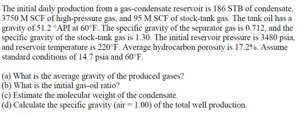 The initial daily production from a gas-condensate reservoir is 186 STB of