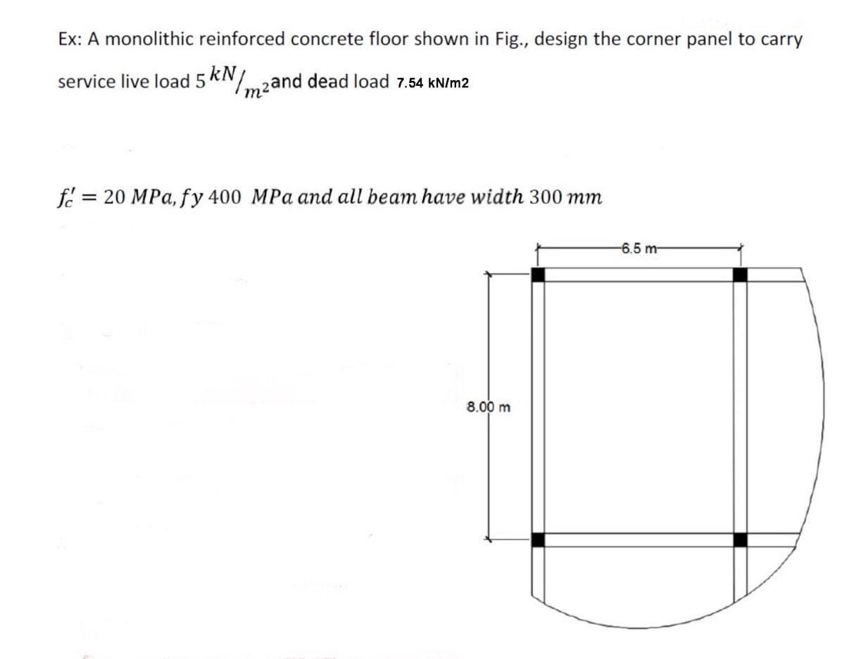 Ex: A monolithic reinforced concrete floor shown in Fig., design the corner panel to carryservice live load 5 kN/m2and dead
