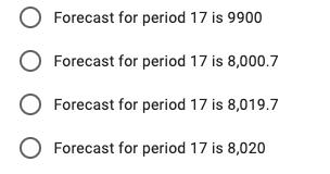 Forecast for period 17 is 9900 OForecast for period 17 is 8,000.7 Forecast for period 17 is 8,019.7 O Forecast for period 17
