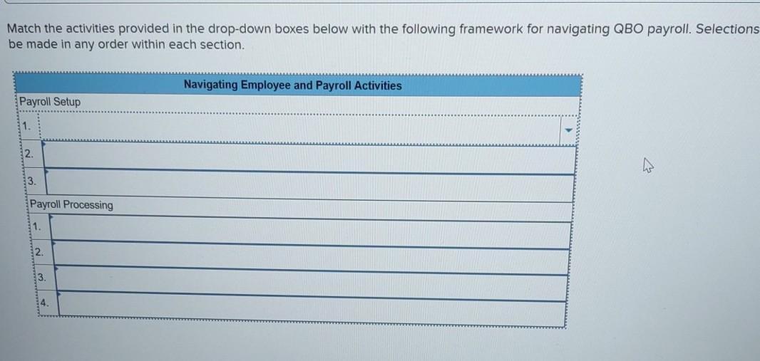 Match the activities provided in the drop-down boxes below with the following framework for navigating QBO payroll. Selection