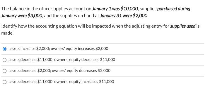The balance in the office supplies account on January 1 was $10,000, supplies purchased duringJanuary were $3,000, and the s