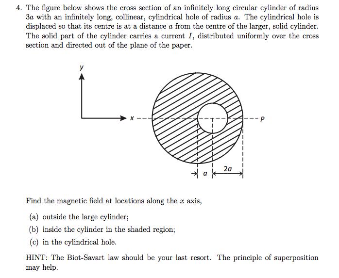 4. The figure below shows the cross section of an infinitely long circular cylinder of radius 3a with an infinitely long, collinear, cylindrical hole of radius a. The cylindrical hole is displaced so that its centre is at a distance a from the centre of the larger, solid cylinder The solid part of the cylinder carries a current I, distributed uniformly over the cross section and directed out of the plane of the paper 2a Find the magnetic field at locations along the z axis, (a) outside the large cylinder; (b) inside the cylinder in the shaded region; (c) in the cylindrical hole HINT: The Biot-Savart law should be your last resort. The principle of superposition may help.