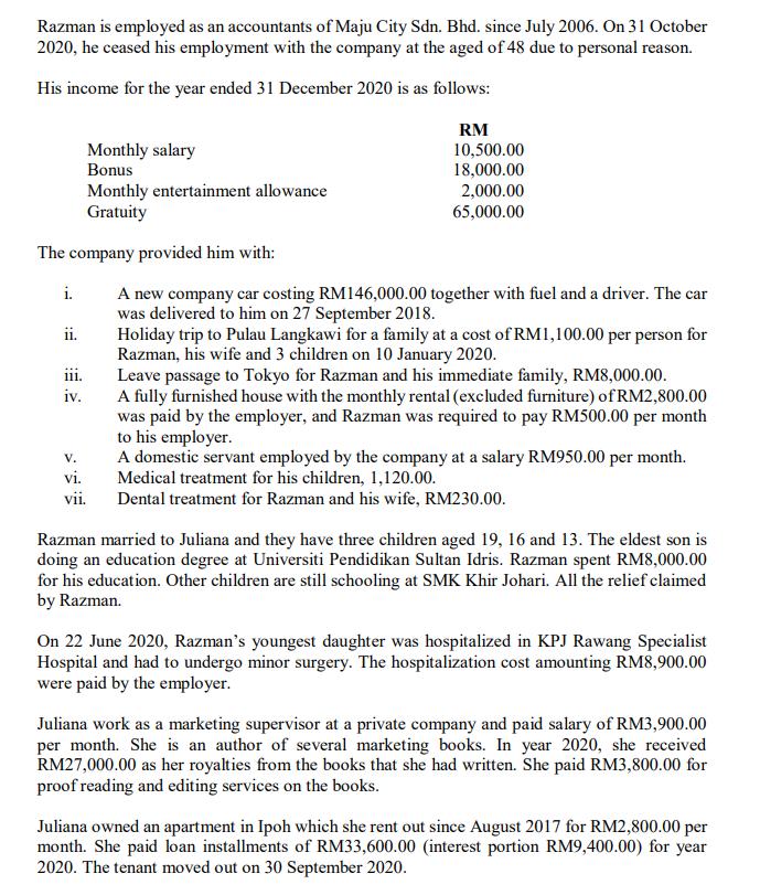Razman is employed as an accountants of Maju City Sdn. Bhd. since July 2006. On 31 October 2020, he ceased his employment wit
