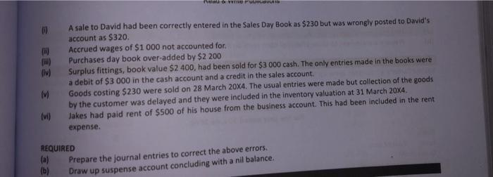 na dwudus ELZ A sale to David had been correctly entered in the Sales Day Book as $230 but was wrongly posted to Davids acco