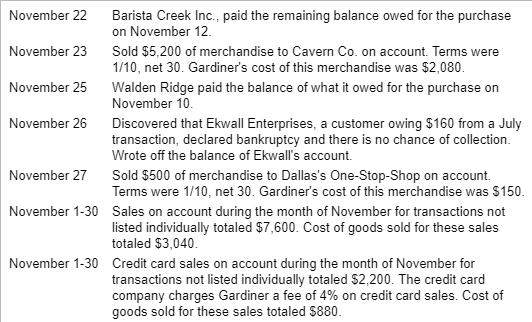 November 22 Barista Creek Inc., paid the remaining balance owed for the purchase on November 12 November 23 Sold $5,200 of me