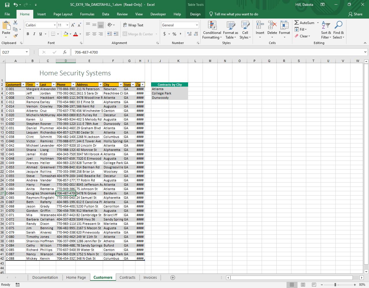 5 SC_EX19_10a_DAKOTAHILL_1.xlsm [Read-Only] - Excel Table Tools Hill, Dakota XFile Home Insert Page Layout Formulas Data Rev