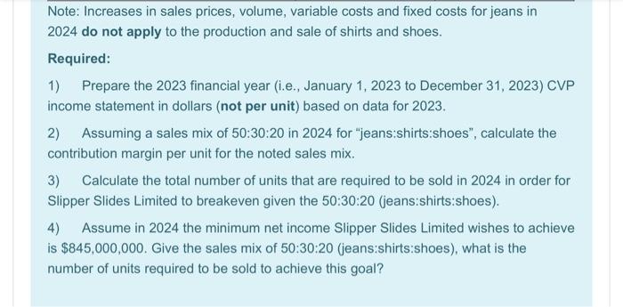 Note: Increases in sales prices, volume, variable costs and fixed costs for jeans in 2024 do not apply to the production and