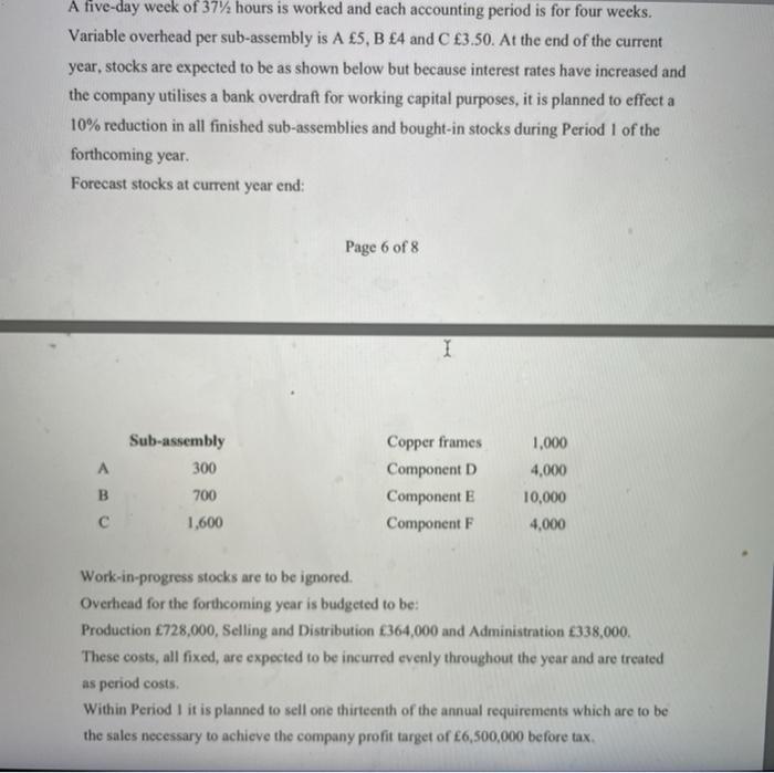 A five-day week of 37% hours is worked and each accounting period is for four weeks. Variable overhead per sub-assembly is A