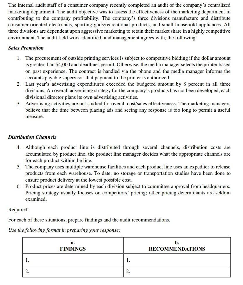 The internal audit staff of a consumer company recently completed an audit of the companys centralized marketing department.