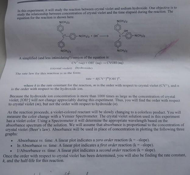 In this experiment, it will study the reaction between crystal violet and sodium hydroxide. One objective is to study the rel