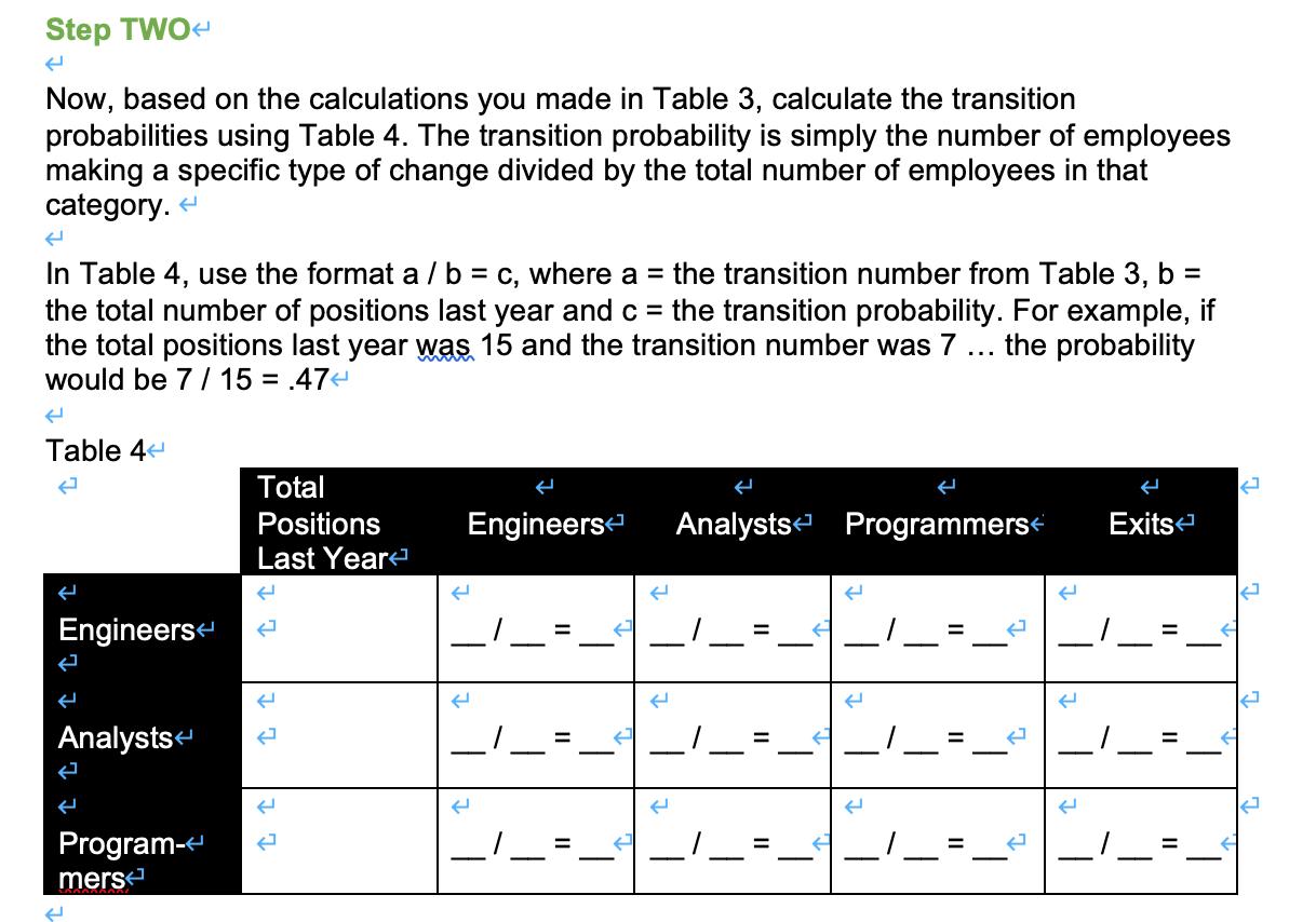 Step TWO- Now, based on the calculations you made in Table 3, calculate the transition probabilities using Table 4. The trans
