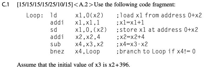 C.1[15/15/15/15/25/10/15]<A.2> Use the following code fragment:Loop: ld x1,0(x2) ;load xl from address 0+x2addi x1,x1,1 ;x
