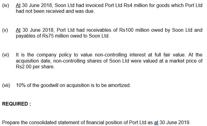 (iv) At 30 June 2018, Soon Ltd had invoiced Port Ltd Rs4 million for goods which Port Ltd had not been received and was due.