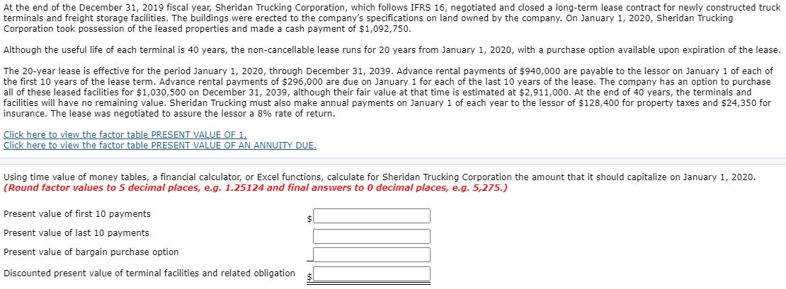 At the end of the December 31, 2019 fiscal year, Sheridan Trucking Corporation, which follows IFRS 16, negotiated and closed