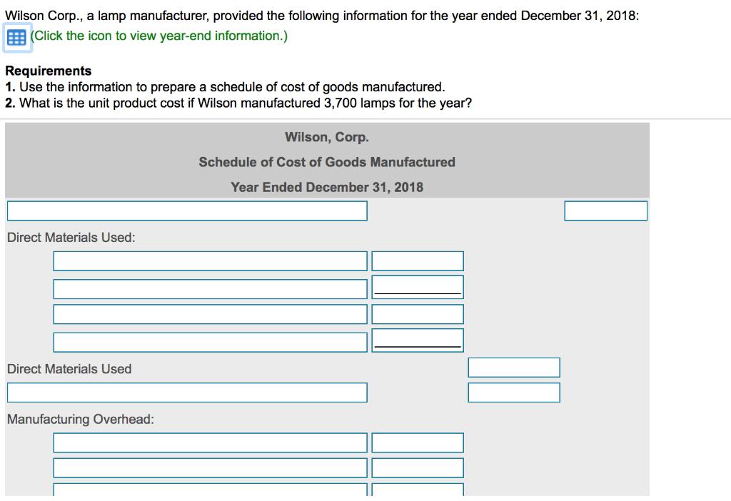 Wilson Corp., a lamp manufacturer, provided the following information for the year ended December 31, 2018:囲(Click the icon