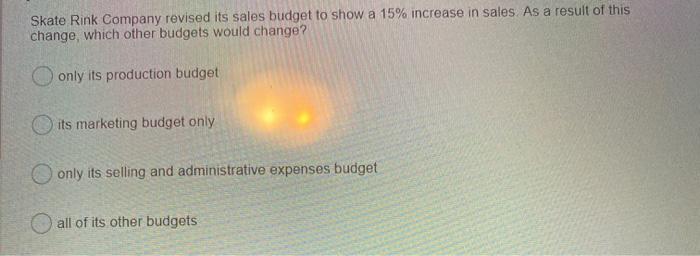 Skate Rink Company revised its sales budget to show a 15% increase in sales. As a result of thischange, which other budgets