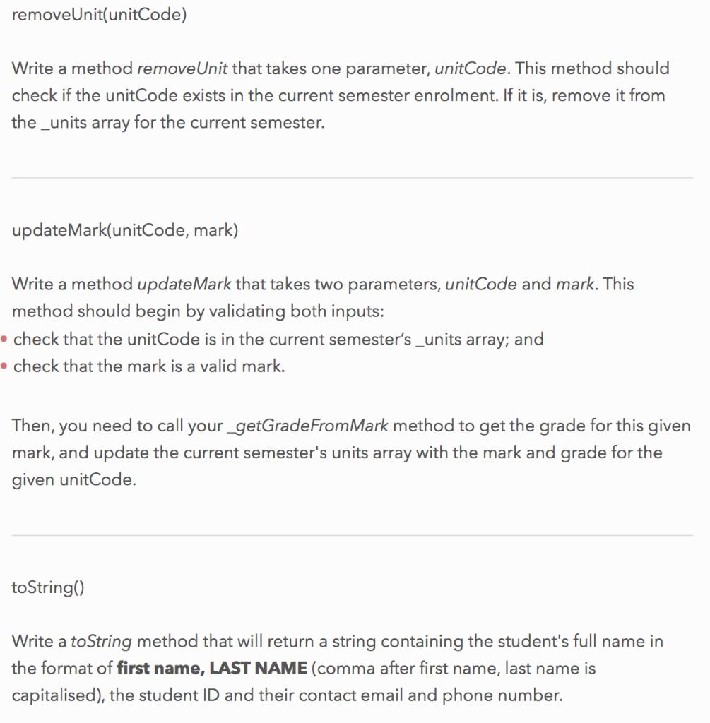 removeUnit(unitCode) Write a method removeUnit that takes one parameter, unitCode. This method should check if the unitCode e