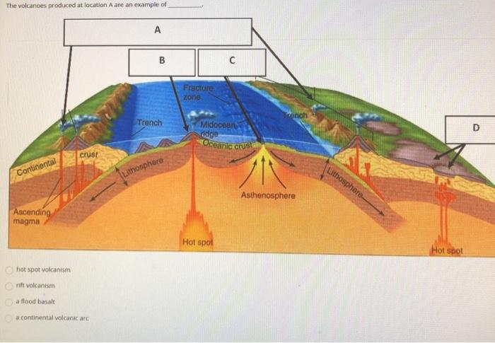 The volcanoes produced at location A are an example of АB сFracture zone Trench Trench DMidocean ridge Oceanic crus! crust