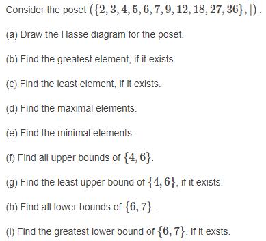 Consider the poset ({2, 3, 4, 5, 6, 7,9, 12, 18, 27,