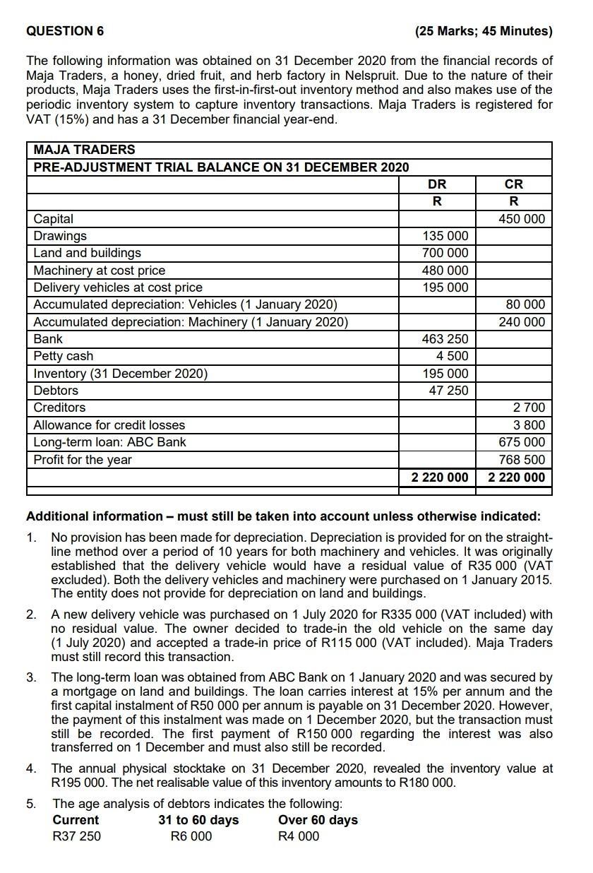 QUESTION 6 (25 Marks; 45 Minutes) The following information was obtained on 31 December 2020 from the financial records of Ma