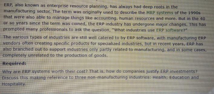 ERP, also known as enterprise resource planning, has always had deep roots in the manufacturing sector. The term was original