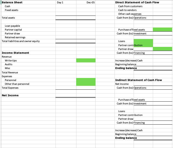 Day 1 Dec-05 Balance Sheet Cash Fixed assets Direct Statement of Cash Flow Cash from customers Cash to vendors Other cash exp