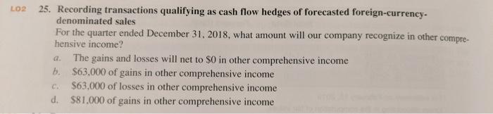LO2 25. Recording transactions qualifying as cash flow hedges of forecasted foreign-currency- denominated sales For the quart