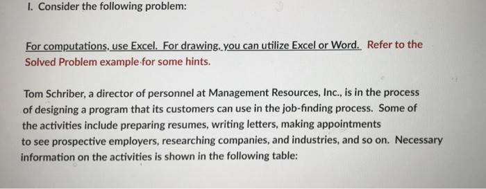 I. Consider the following problem Refer to the For computations, use Excel. For drawing, you can utilize Excel or Word. Solve
